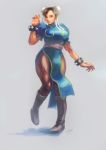  1girl bayashiko bracelet breasts brown_hair bun_cover china_dress chinese_clothes chun-li curvy double_bun earrings full_body highres jewelry large_breasts pantyhose sash sheer_legwear short_hair solo spiked_bracelet spikes standing street_fighter 