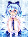  1girl blue_dress blue_eyes blue_hair bow chestnut_mouth cirno dress hair_bow ice ice_wings oimonocake open_mouth panties pantyshot pantyshot_(sitting) sitting soles solo striped striped_panties tabi thigh-highs thighs touhou underwear upskirt wings 