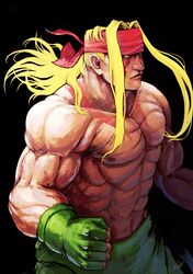  1boy abs absurdres alex_(street_fighter) bayashiko blonde_hair blue_eyes fingerless_gloves gloves headband highres long_hair muscle shirtless solo street_fighter street_fighter_iii 