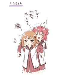  2girls :d ahoge akaza_akari blush_stickers brown_eyes brown_hair brown_sailor_collar closed_eyes closed_mouth commentary_request cropped_legs double_bun dress hair_bun hair_ornament hairclip highres layered_sleeves long_sleeves multiple_girls namori nanamori_school_uniform oomuro_sakurako open_mouth red_dress red_hair sailor_collar school_uniform shirt short_hair short_over_long_sleeves short_sleeves simple_background smile squiggle translation_request v-shaped_eyebrows white_background white_shirt yuru_yuri 
