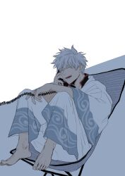  1boy absurdres barefoot black_shirt chair closed_eyes collared_shirt commentary_request corded_phone ghqjyu gintama highres holding holding_phone japanese_clothes kimono long_sleeves male_focus open_mouth phone popped_collar red_trim sakata_gintoki shirt short_hair sitting smile solo teeth white_background white_hair wide_sleeves yukata 