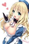  1girl atago_(kantai_collection) black_gloves blonde_hair breasts cleavage collar dress frills gloves green_eyes hat heart kantai_collection kase_daiki large_breasts long_hair long_sleeves looking_at_viewer maid open_mouth twitter_username white_background 