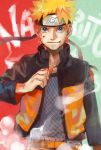  1boy blonde_hair blood blood_in_mouth blue_eyes character_name forehead_protector jacket jersey looking_at_viewer naruto open_clothes open_jacket pointing pointing_at_self short_hair smile solo steam uzumaki_naruto 