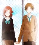  1boy 1girl blush brown_eyes brown_hair copyright_name fujimiya_kaori hase_yuuki isshuukan_friends looking_at_viewer school_uniform short_hair tsukimori_usako 