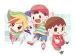  3boys :3 backpack bag black_eyes blonde_hair brown_eyes brown_hair doubutsu_no_mori hat kohori link mother_(game) mother_2 multiple_boys ness nintendo open_mouth payot pointy_ears shield short_hair shorts simple_background slingshot smile solid_oval_eyes super_smash_bros. sword the_legend_of_zelda tongue tongue_out toon_link tunic villager_(doubutsu_no_mori) weapon wind_waker 