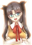  black_hair blue_eyes blush fate/stay_night fate_(series) glasses hair_ribbon long_hair meaomao open_mouth ribbon school_uniform smile solo toosaka_rin two_side_up 