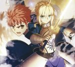  1boy 1girl armor armored_dress blonde_hair brown_eyes electricity emiya_shirou excalibur fate/stay_night fate_(series) glowing glowing_sword glowing_weapon green_eyes juliet_sleeves long_sleeves puffy_sleeves redhead saber sword takeuchi_takashi weapon 