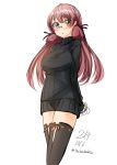  1girl akashi_(kantai_collection) arms_behind_back black_clothes black_legwear blush bottomless breasts casual dated glasses green_eyes highres kantai_collection large_breasts legs_together looking_at_viewer nekobaka no_pants open_mouth pink_hair ribbed_sweater ribbon-trimmed_legwear ribbon_trim rimless_glasses simple_background sketch solo standing sweater taut_clothes thigh-highs turtleneck twitter_username white_background 