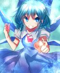  1girl blue_dress blue_eyes blue_hair bow cirno dress grin hair_bow hizagawa_rau ice ice_wings pointing pointing_at_viewer puffy_short_sleeves puffy_sleeves shirt short_sleeves sketch smile solo touhou wings 