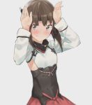  1girl arms_up blush brown_eyes brown_hair ddal flat_chest headband headgear kantai_collection looking_at_viewer short_hair skirt solo sweatdrop taihou_(kantai_collection) 