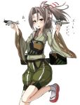  1girl airplane blush brown_eyes brown_hair flat_chest headband japanese_clothes kantai_collection leg_up long_hair machinery muneate ponytail rabochicken sandals shorts socks solo sweatdrop white_background zuihou_(kantai_collection) 
