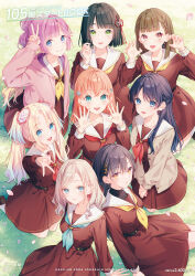  6+girls :d absurdres anyoji_hime aqua_neckerchief black_hair blonde_hair blue_eyes blue_hair blue_ribbon blunt_bangs blunt_ends bob_cut braid breasts brown_cardigan brown_dress brown_hair cardigan center-flap_bangs ceras_yanagida_lilienfeld claw_pose collarbone commentary_request cover cover_page dress falling_petals fang flower flower_knot gradient_hair green_eyes grey_hair grin hair_flower hair_ornament hair_ribbon half_up_braid half_updo hasu_no_sora_school_uniform highres hinoshita_kaho kachimachi_kosuzu katsuragi_izumi kneeling link!_like!_love_live! long_hair long_sleeves looking_at_viewer love_live! medium_breasts momose_ginko multi-tied_hair multicolored_hair multiple_girls murano_sayaka neckerchief official_art on_grass open_cardigan open_clothes open_mouth orange_eyes orange_hair osawa_rurino outdoors parted_lips petals pink_flower pink_hair pink_petals pink_ribbon pleated_dress ponytail price rabbit_hair_ornament red_neckerchief red_ribbon ribbon sailor_collar sailor_dress school_uniform shadow short_hair side_braids sidelocks sitting smile tadano_yukiko triangle_hair_ornament twintails two_side_up v virtual_youtuber white_flower white_sailor_collar winter_uniform wolf_cut yellow_neckerchief 