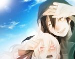  1boy 1girl artist_request black_hair blue_sky hair_ribbon height_difference highres hoodie kagerou_project kozakura_mary lens_flare long_hair looking_at_viewer open_mouth pink_eyes ribbon seto_kousuke short_hair sky smile white_hair yellow_eyes 