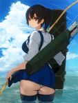  1girl arrow ass black_hair black_legwear bow_(weapon) brown_eyes from_behind japanese_clothes kaga_(kantai_collection) kantai_collection long_hair looking_at_viewer looking_back muneate panties pupps side_ponytail skirt skirt_lift solo thigh-highs underwear wading water weapon wet white_panties 