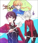  1girl 2boys aldnoah.zero archer_(cosplay) armor asseylum_vers_allusia blonde_hair brown_eyes brown_hair cosplay crossdressinging dress fate/stay_night fate_(series) gloom_(expression) green_eyes kaizuka_inaho multiple_boys parody saber saber_(cosplay) short_hair silver_hair slaine_troyard spatula toosaka_rin_(cosplay) 