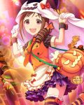  1girl :d bat bow breasts brown_hair cookie drill_hair fang food frills ghost hair_bow halloween idolmaster idolmaster_cinderella_girls jack-o&#039;-lantern long_hair looking_at_viewer necktie oohara_michiru open_mouth pink_eyes pumpkin skirt smile solo sprinkles striped striped_legwear thigh-highs wrist_cuffs 