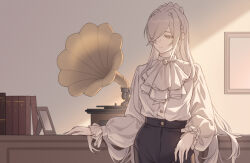  1girl ascot black_pants book braid brooch cartonbox_(zhixiang_zhi) closed_mouth frills grey_hair hair_over_one_eye hancock_(warship_girls_r) high-waist_pants high_ponytail highres indoors jewelry long_hair long_sleeves pants phonograph picture_frame ponytail puffy_long_sleeves puffy_sleeves shirt smile solo standing very_long_hair warship_girls_r white_hair white_shirt yellow_eyes 
