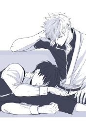  2boys absurdres asymmetrical_clothes belt belt_buckle buckle closed_eyes closed_mouth collarbone collared_shirt commentary_request elbow_rest ghqjyu gintama greyscale hadanugi_dousa head_rest highres hijikata_toushirou lap_pillow long_sleeves looking_at_another male_focus monochrome multiple_boys open_collar popped_collar sakata_gintoki shirt short_hair sleeve_cuffs vest 