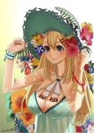  1girl alternate_costume arms_up atago_(kantai_collection) bare_shoulders blonde_hair blue_dress breasts cleavage collarbone dress flower flower_on_head flower_request hat kantai_collection long_hair looking_away ruisento solo straw_hat white_background wrist_cuffs 
