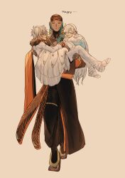  1girl 2boys absurdres anastasia_(fate) ashoka_(fate) black_gloves blue_hair carrying carrying_person closed_eyes coat dark-skinned_male dark_skin dress fate/grand_order fate_(series) fur-trimmed_coat fur_trim gloves gold_hairband grey_hair hair_over_one_eye hairband highres holding_hands kadoc_zemlupus long_hair multiple_boys pontarou4321 sandals smile turban white_dress 