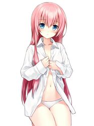  1girl blue_eyes irimo-m long_hair looking_at_viewer navel original panties pink_hair simple_background sitting solo underwear white_background white_panties 