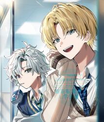  2boys :d bendy_straw blonde_hair blue_eyes blue_necktie brown_sweater collared_shirt dated drinking_straw english_text ex_albio ex_albio_(4th_costume) green_eyes grey_hair hair_between_eyes heterochromia long_sleeves looking_at_viewer male_focus mouth_hold multiple_boys murakumo_kagetsu murakumo_kagetsu_(3rd_costume) necktie nijisanji ninahachi parted_bangs plaid_clothes plaid_necktie school_uniform shirt sleeves_past_wrists smile sweater sweater_vest twitter_username upper_body violet_eyes virtual_youtuber watermark white_shirt 