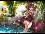  1girl ascot bow brown_hair detached_sleeves dress forest hair_bow hair_tubes hakurei_reimu highres in_tree letterboxed long_sleeves nature nontraditional_miko open_mouth petals red_dress red_eyes sitting sitting_in_tree smile soaking_feet solo takane_soprano touhou tree wide_sleeves yin_yang 