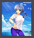  1girl :d beach blue_eyes blush breasts highres long_hair open_mouth original outdoors pants ponytail silver_hair sky smile solo standing stardust_abyss water 
