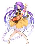  1girl barefoot chain flower full_body hair_flower hair_ornament highres instrument ishimu long_hair lute_(instrument) purple_hair simple_background smile solo standing touhou tsukumo_benben twintails violet_eyes white_background 