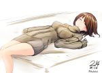  1girl bottomless brown_hair casual closed_eyes dated hyuuga_(kantai_collection) kantai_collection knees_together_feet_apart long_sleeves lying nekobaka no_pants on_back ribbed_sweater short_hair sketch sleeves_past_wrists solo sweater twitter_username white_background 