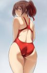  1girl ass bare_shoulders bifidus brown_eyes brown_hair competition_swimsuit ise_(kantai_collection) kantai_collection looking_at_viewer looking_back one-piece_swimsuit ponytail short_hair solo swimsuit thighs 