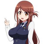  1girl blush breasts brown_eyes brown_hair bryanz09 iida_nana index_finger_raised large_breasts long_hair looking_at_viewer necktie open_mouth rail_wars! simple_background smile solo white_background 