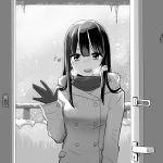  1girl blush breath coat door doorway gloves greyscale heart long_hair looking_at_viewer monochrome open_mouth original scarf smile snow solo winter_clothes winter_coat zaxwu 
