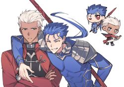  2boys archer_(fate) arm_around_shoulder blue_hair chibi chinese_commentary closed_eyes commentary_request crossed_arms cu_chulainn_(fate) cu_chulainn_(fate/stay_night) dark-skinned_male dark_skin dual_wielding earrings fate/stay_night fate_(series) frown gae_bolg_(fate) grey_eyes highres holding holding_polearm holding_sword holding_weapon jewelry kanshou_&amp;_bakuya_(fate) male_focus multiple_boys one_eye_closed polearm red_eyes shoulder_plates smile spear sword turtleneck weapon white_hair y111111n 
