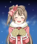  1girl blush bow brown_hair can closed_eyes coat hair_bow hoshino_ouka long_hair love_live!_school_idol_project minami_kotori mittens open_mouth side_ponytail smile solo steam 