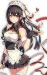  1girl black_gloves black_hair black_skirt breasts broken_glass cleavage cup fingerless_gloves glass gloves hadean92 heart heart-shaped_pupils highres long_hair looking_at_viewer maid maid_headdress original red_eyes ribbon skirt solo symbol-shaped_pupils wine_glass 