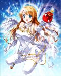  1girl blonde_hair blue_eyes breasts gloves halo long_hair looking_at_viewer open_mouth original smile solo takami_(pumpkin) white_gloves white_wings wings 