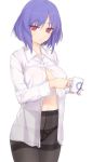  1girl breasts character_request cup looking_at_viewer open_clothes open_shirt panties panties_under_pantyhose pantyhose purple_hair red_eyes rokuwata_tomoe short_hair simple_background solo standing teacup underwear white_background 