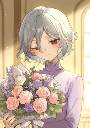  1boy bags_under_eyes black_eyes blush bouquet dungeon_meshi elf grey_hair highres holding holding_bouquet lazy_eye long_sleeves male_focus mayomayoland mithrun notched_ear pointy_ears shirt short_hair smile solo uneven_eyes upper_body wavy_hair window 