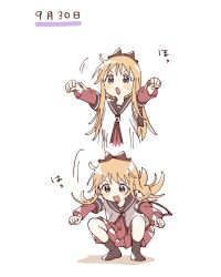  1girl afterimage blonde_hair blue_eyes blush_stickers bow brown_bow brown_sailor_collar brown_socks clenched_hands dress full_body hair_bow hashtag-only_commentary highres layered_sleeves long_hair long_sleeves namori nanamori_school_uniform no_shoes open_mouth outstretched_arms red_dress sailor_collar school_uniform shirt short_over_long_sleeves short_sleeves simple_background socks solo squatting toshinou_kyouko v-shaped_eyebrows white_background white_shirt yuru_yuri 