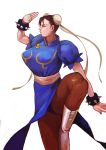  1girl bayashiko bracelet breasts brown_hair bun_cover china_dress chinese_clothes chun-li double_bun fighting_stance highres jewelry large_breasts nose pantyhose sheer_legwear short_hair solo spiked_bracelet spikes standing standing_on_one_leg street_fighter thick_thighs thighs 