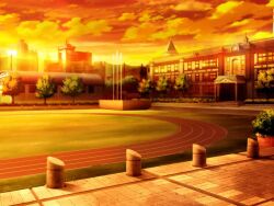  artist_request bush city clouds game_cg house magia_record:_mahou_shoujo_madoka_magica_gaiden mahou_shoujo_madoka_magica no_humans official_art orange_sky outdoors school sky stairs sunlight sunset track_and_field tree 