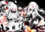  2girls aircraft_carrier_hime breasts cleavage covered_mouth dress enemy_aircraft_(kantai_collection) glowing glowing_eyes horns kantai_collection large_breasts long_hair looking_at_viewer machinery midway_hime mittens multiple_girls pale_skin red_eyes sakurazawa_izumi shinkaisei-kan side_ponytail skirt torn_clothes torn_skirt very_long_hair white_dress white_hair white_skin 