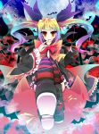  1girl bat blazblue from_below full_moon gradient_hair hair_ribbon long_hair looking_at_viewer looking_down moon multicolored_hair nago nanamomo_rio orange_eyes rachel_alucard ribbon shoes sitting striped striped_legwear twintails 