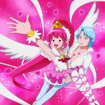  1boy 1girl :d aino_megumi arm_up blue_(happinesscharge_precure!) blue_eyes blue_hair brooch carrying cure_lovely happinesscharge_precure! highres jewelry kiss_mark long_hair magical_girl mont_blanc_(heartcatch_ayaya) open_mouth pants pantyhose pink_background pink_eyes pink_hair pink_skirt ponytail precure princess_carry shirt skirt smile super_happiness_lovely tiara white_legwear wrist_cuffs 