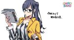  1girl black_hair doughnut glasses imai_midori long_hair newspaper ponkan_8 shirobako side_ponytail solo white_background 