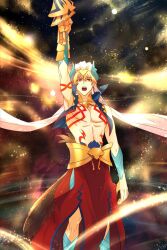  1boy arm_tattoo arm_up bare_pectorals blonde_hair chest_tattoo chinese_commentary commentary_request ea_(fate) earrings fate/grand_order fate_(series) gilgamesh_(caster)_(fate) gilgamesh_(fate) hat highres holding holding_weapon jewelry male_focus open_mouth pants pectorals red_eyes red_pants shiba44469 side_slit solo stomach_tattoo tattoo weapon white_hat 
