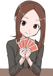  1girl absurdres black_shirt brown_eyes brown_hair card closed_mouth commentary_request highres holding holding_card inaba_mifumi karakai_jouzu_no_(moto)_takagi-san karakai_jouzu_no_takagi-san long_hair long_sleeves looking_at_viewer playing_card ponytail shirt sidelocks smile solo takagi-san upper_body 