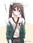  1girl alternate_costume black_eyes black_hair blush brown_hair casual hair_ribbon ica jacket kantai_collection long_hair ribbon simple_background smile solo t-shirt tone_(kantai_collection) translation_request twintails white_background 