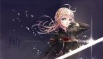  1girl black_gloves blonde_hair blood bloody_clothes excalibur fate/zero fate_(series) formal gloves glowing glowing_sword glowing_weapon green_eyes highres long_hair saber solo suit torn_clothes torn_shirt wait weapon 